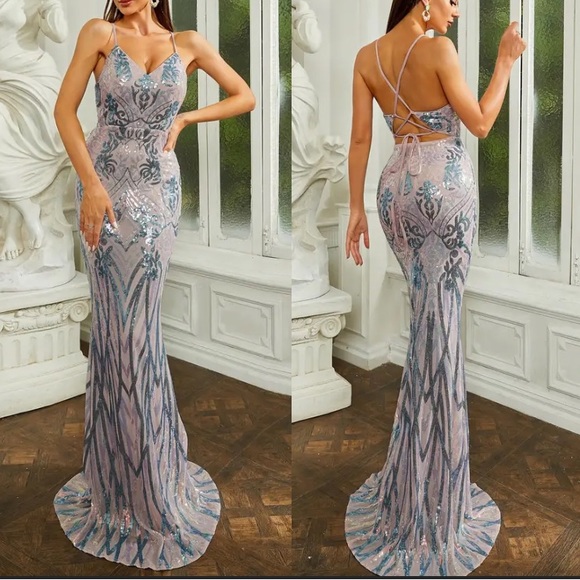 Luxe lace up back party formal promevening dress